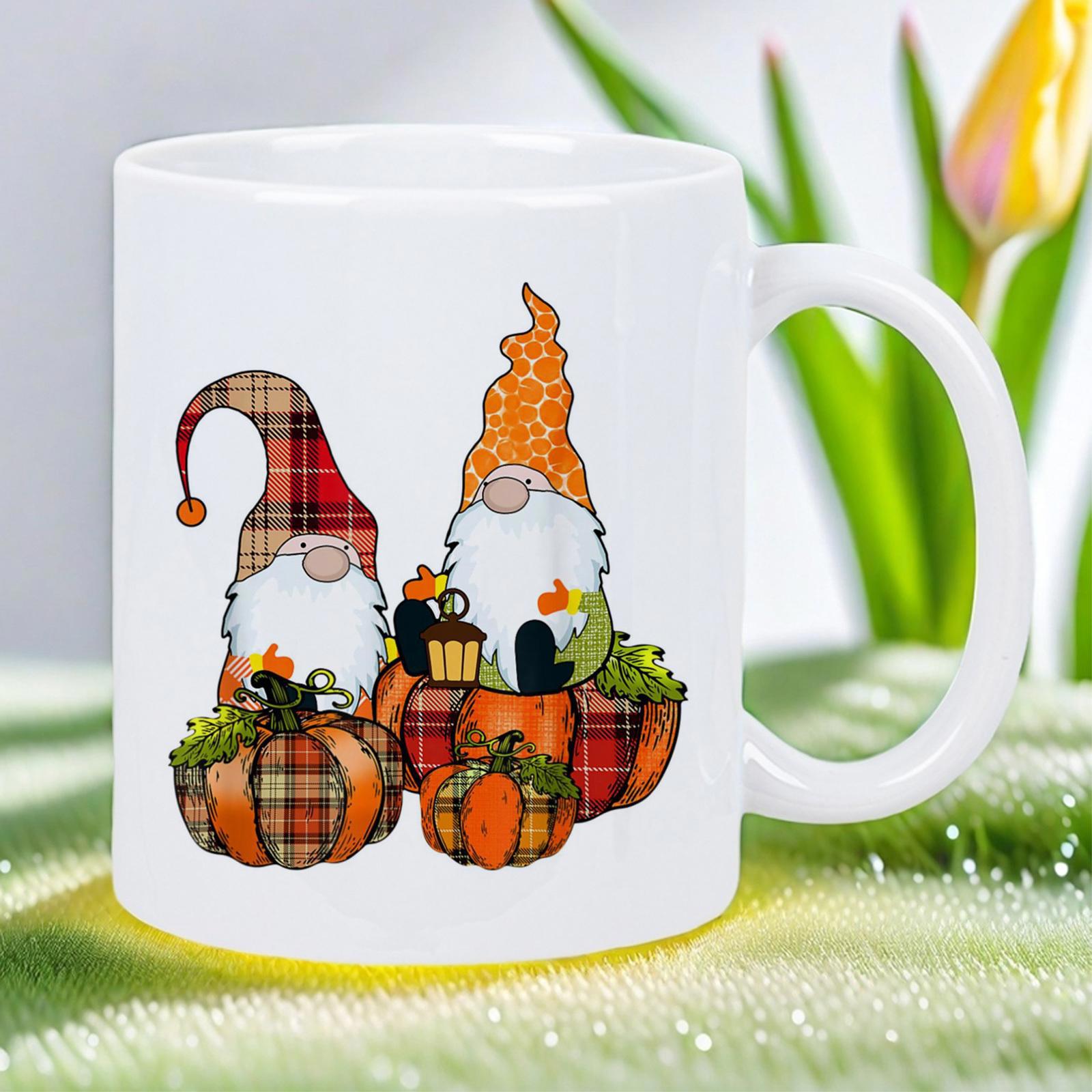 Tailorly White Ceramic 11 oz Mug - Whimsical Autumn Harvest Scene Featuring Plaid Pumpkins And Cute Garden Gnome