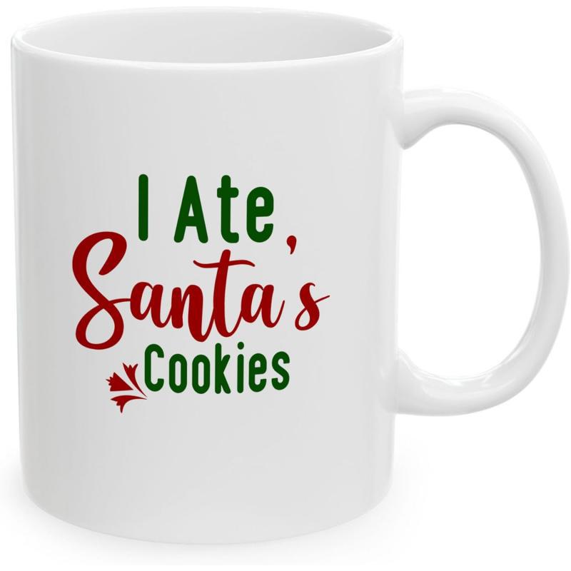 Tailorly White Ceramic 11 oz Mug - I Ate Santas Cookies Festive Red And Green Lettering On A Minimalist