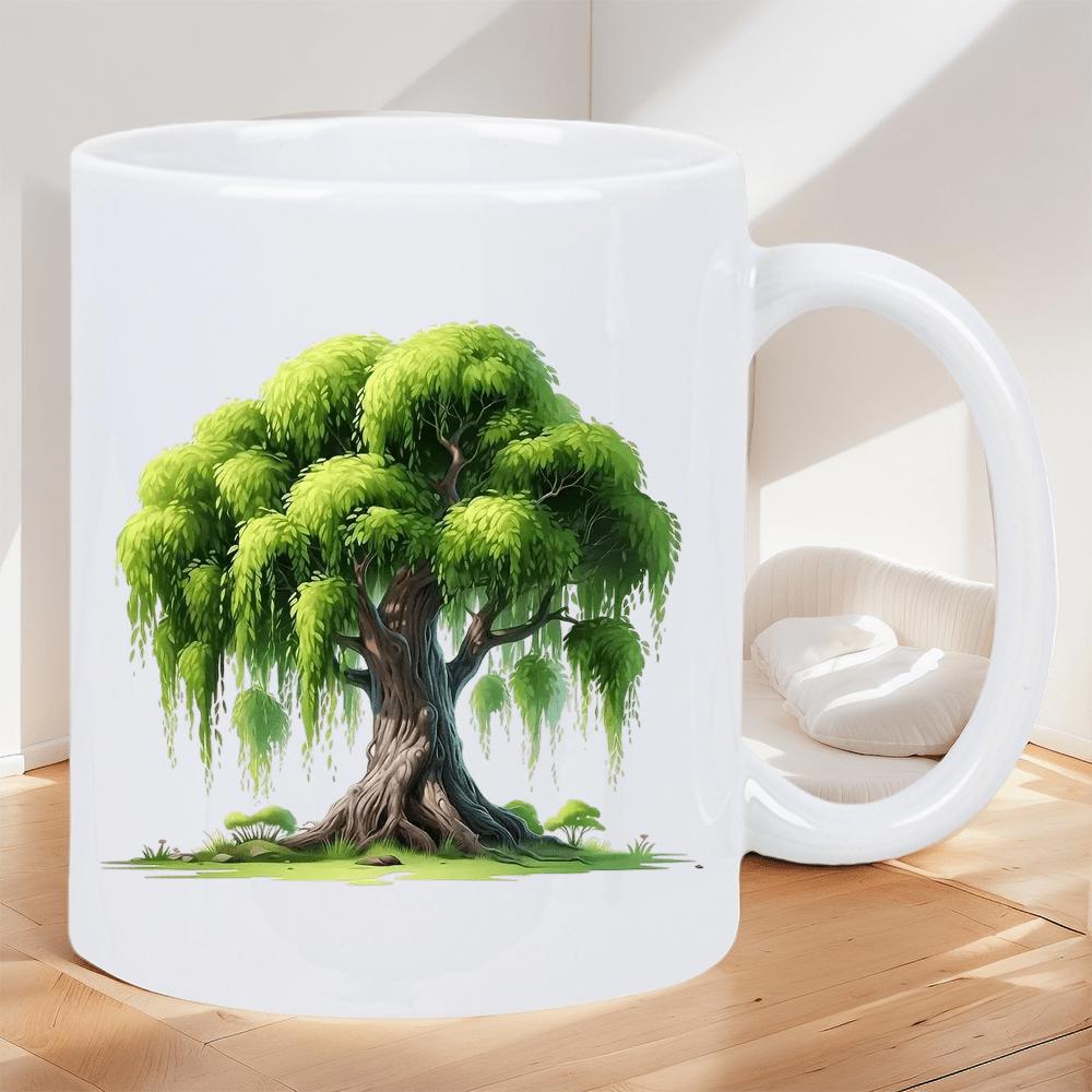 Tailorly White Ceramic 11 oz Mug - Lush Green Foliage Hanging From Branches Of A Majestic Weeping Willow Tree