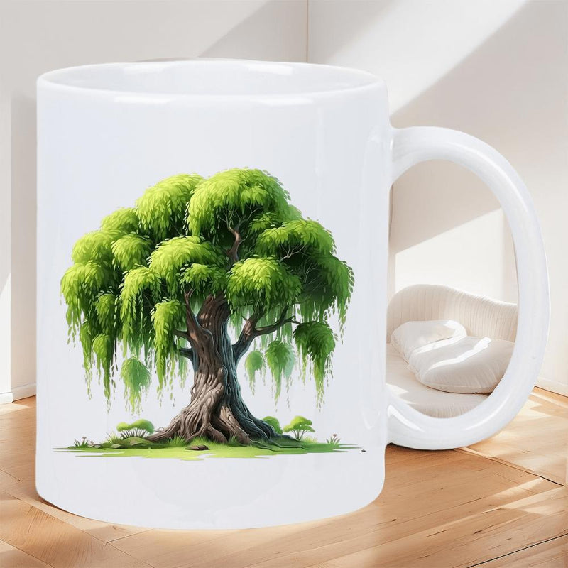 Tailorly White Ceramic 11 oz Mug - Lush Green Foliage Hanging From Branches Of A Majestic Weeping Willow Tree