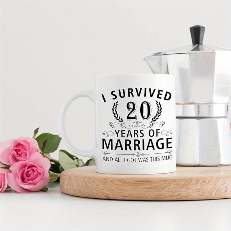 Tailorly White Ceramic 11 oz Mug - I Survived 20 Years Of Marriage And All I Got Was This Mug Elegant Laurel Wreaths Flanking Central Anniversary Numbers On A