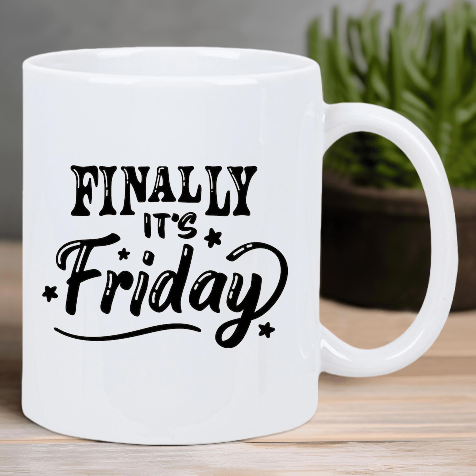 Tailorly White Ceramic 11 oz Mug - Finally Its Friday Minimalist Black Typography With Small Stars And Decorative Curved Lines Mug