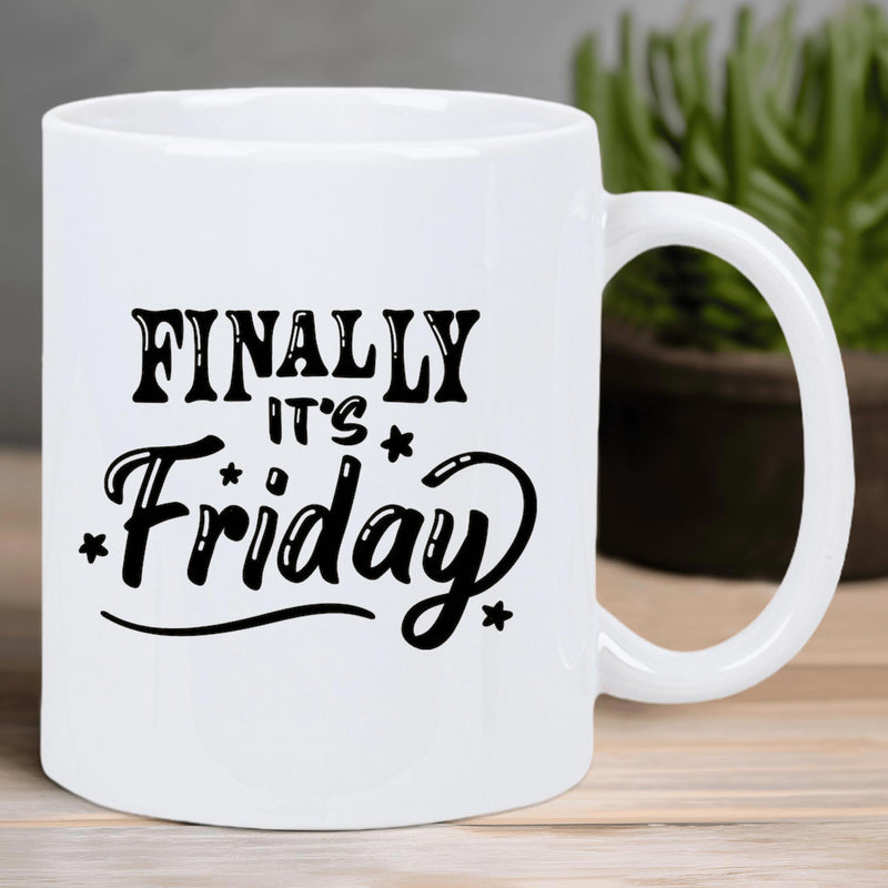 Tailorly White Ceramic 11 oz Mug - Finally Its Friday Minimalist Black Typography With Small Stars And Decorative Curved Lines Mug