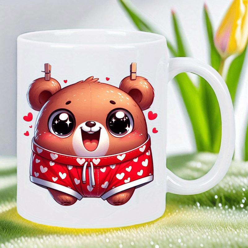 Tailorly White Ceramic 11 oz Mug - Adorable Brown Character Wearing Red Heart Patterned Shorts With Tiny Hearts Bear