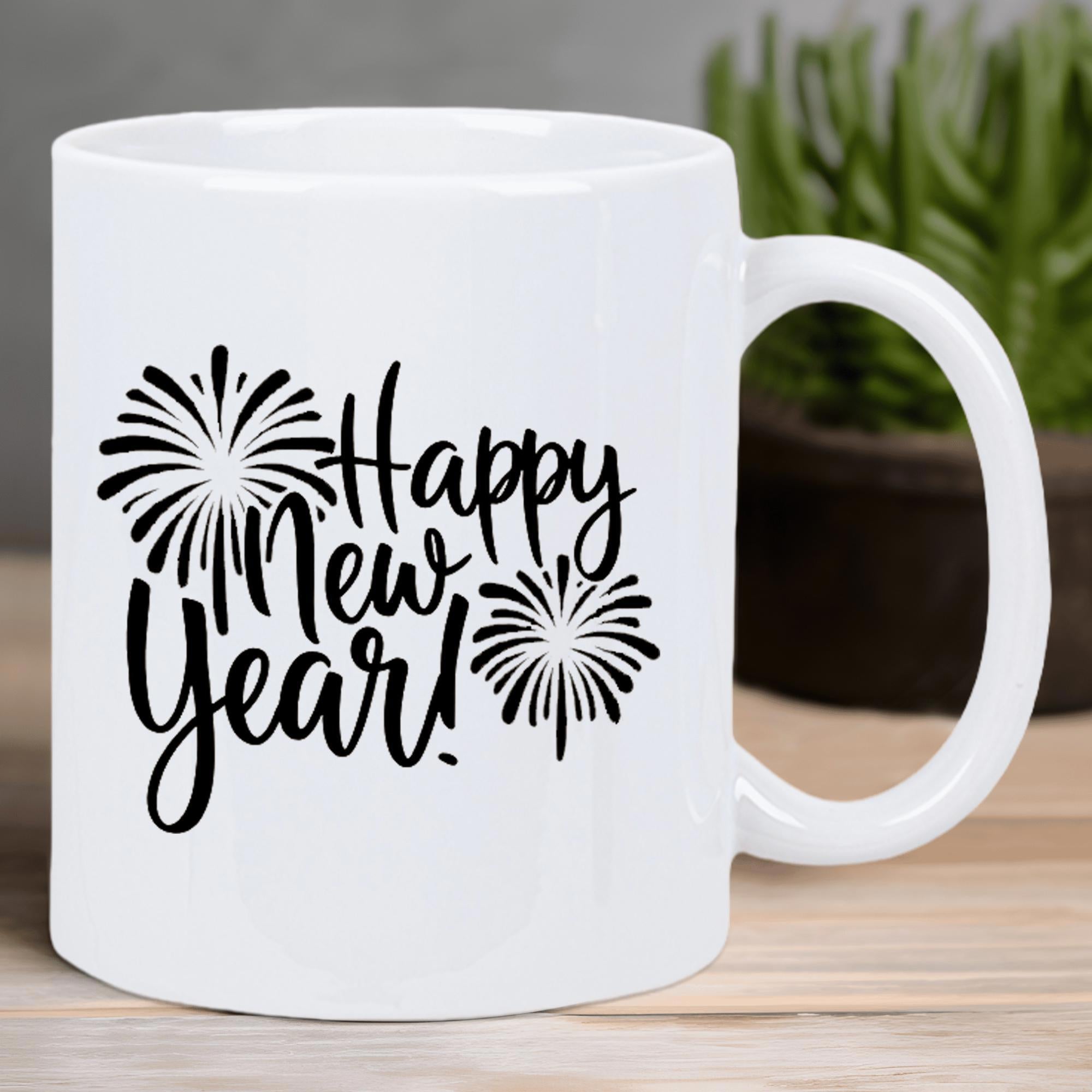 Tailorly White Ceramic 11 oz Mug - Happy New Year Sparkling Burst Of Joy With Decorative Festive Elements Celebrating Midnight Firework
