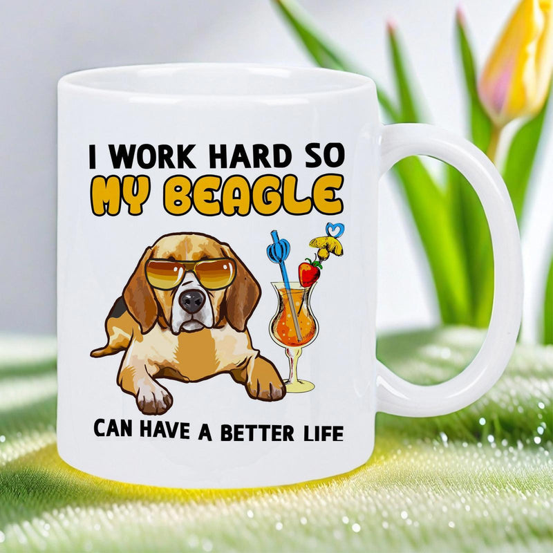 Tailorly White Ceramic 11 oz Mug - I Work Hard So My Beagle Can Have A Better Life Charming Cartoon Dog Wearing Sunglasses Near Tropical Drink Beagle