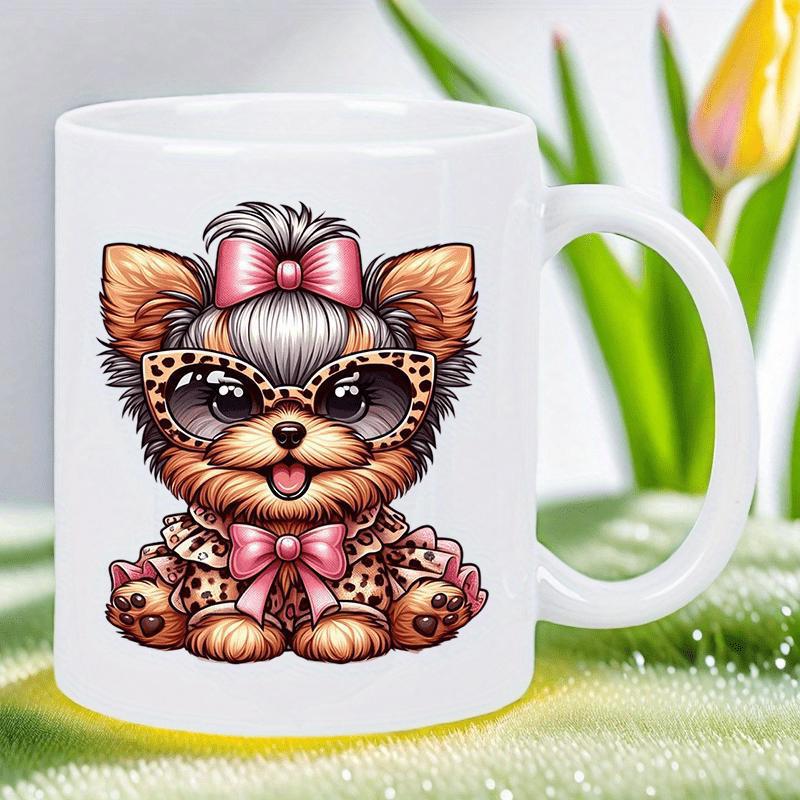 Tailorly White Ceramic 11 oz Mug - Adorable Yorkshire Terrier Wearing Pink Bows And Leopard Print Glasses Dog