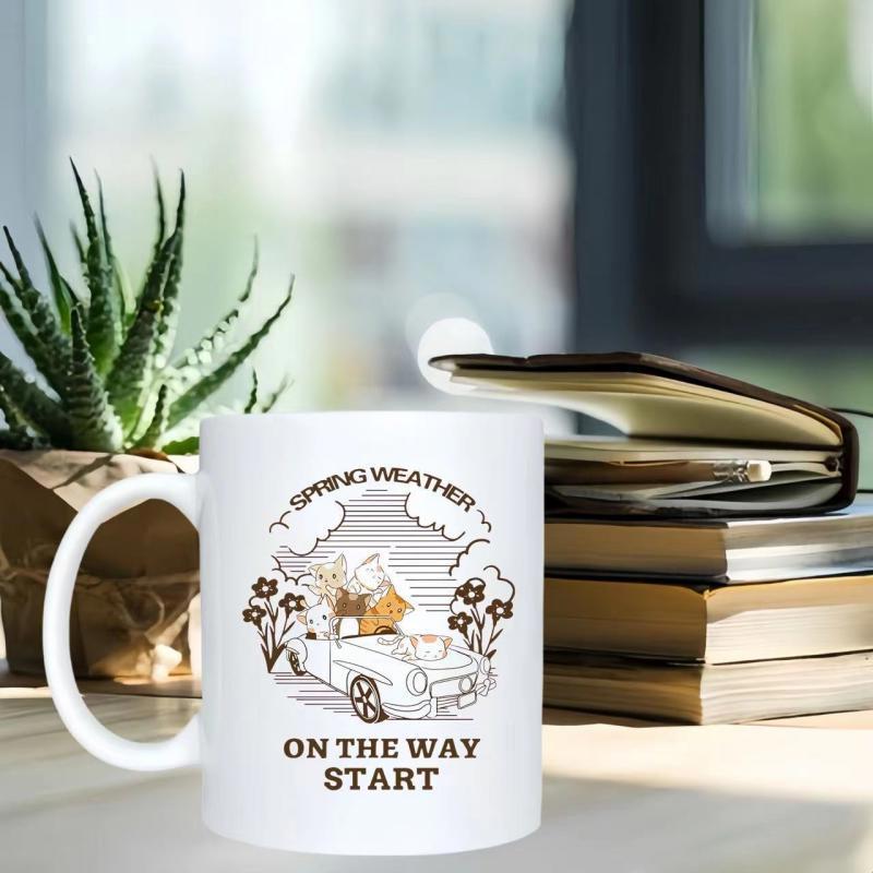 Tailorly White Ceramic 11 oz Mug - Spring Weather On The Way Start Vintage Car Moving Through Blossoming Flowers Under Bright Skies Dog