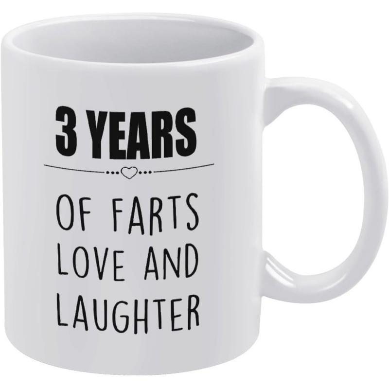 Tailorly White Ceramic 11 oz Mug - 3 Years Of Farts Love And Laughter Minimalist Featuring Bold Black Lettering And Delicate Heart Mug