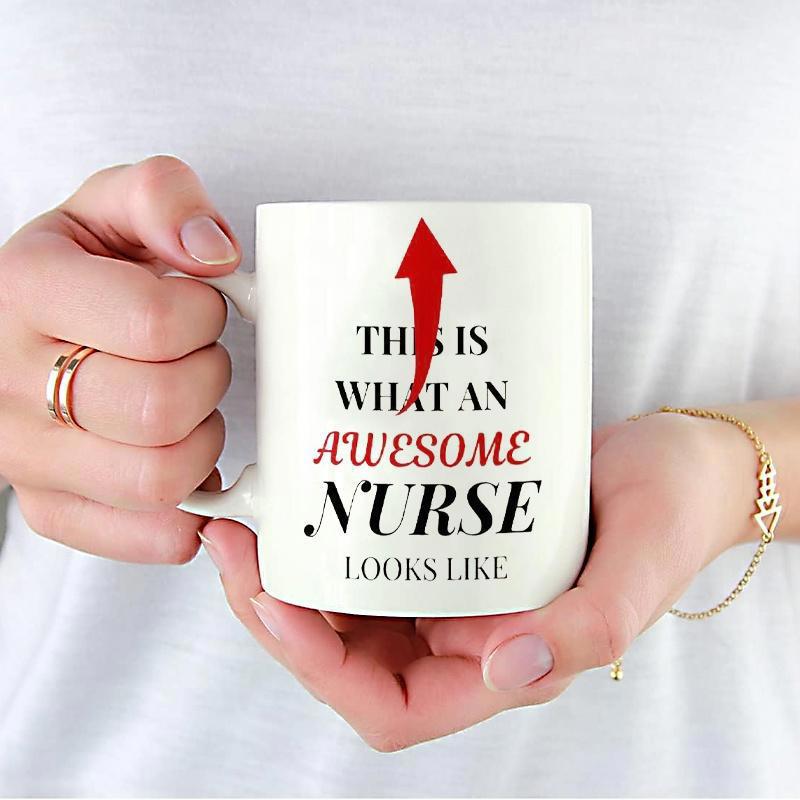 Tailorly White Ceramic 11 oz Mug - This Is What An Awesome Nurse Looks Like Red Pointing Arrow With Elegant Script And Professional Serif Font Nurse