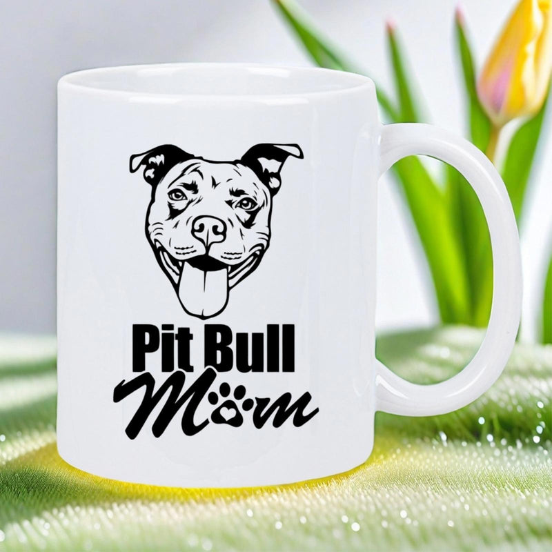 Tailorly White Ceramic 11 oz Mug - Pit Bull Mom Minimalist Black Ink Illustration Featuring A Happy Smiling Pet Dog