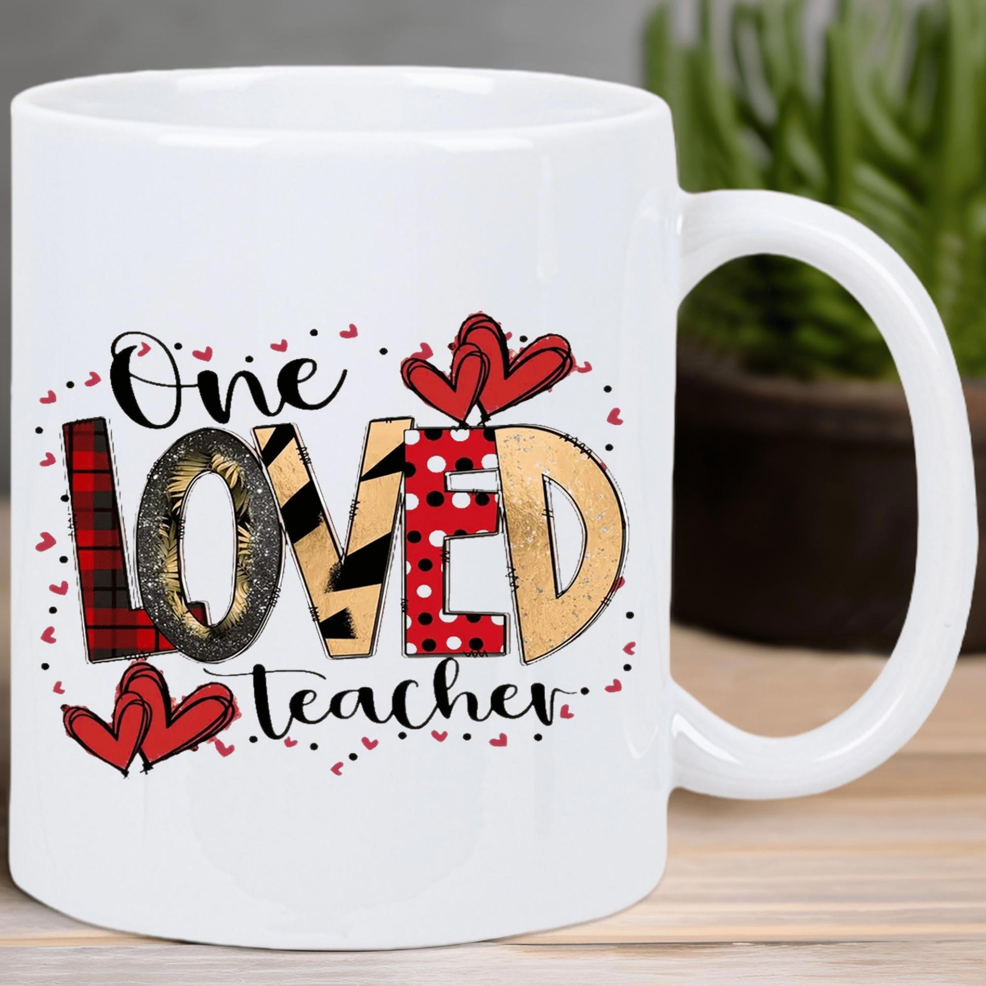 Tailorly White Ceramic 11 oz Mug - One Loved Teacher Patterned Block Letters Surrounded By Tiny Floating Red Hearts