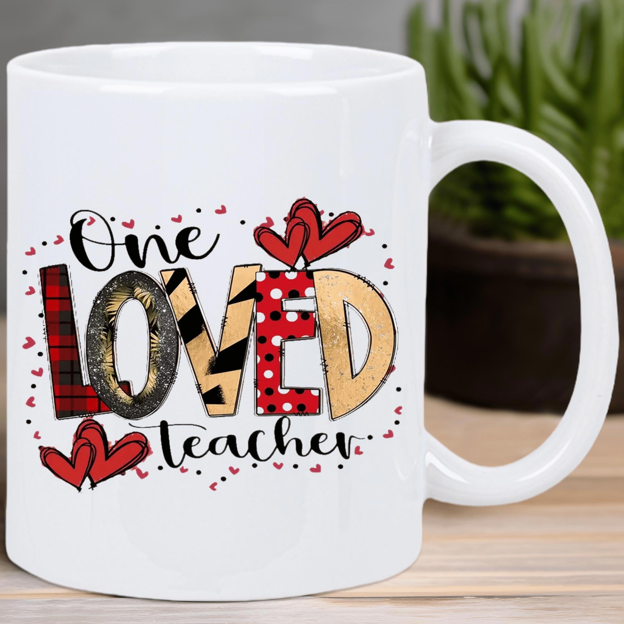 Tailorly White Ceramic 11 oz Mug - One Loved Teacher Patterned Block Letters Surrounded By Tiny Floating Red Hearts