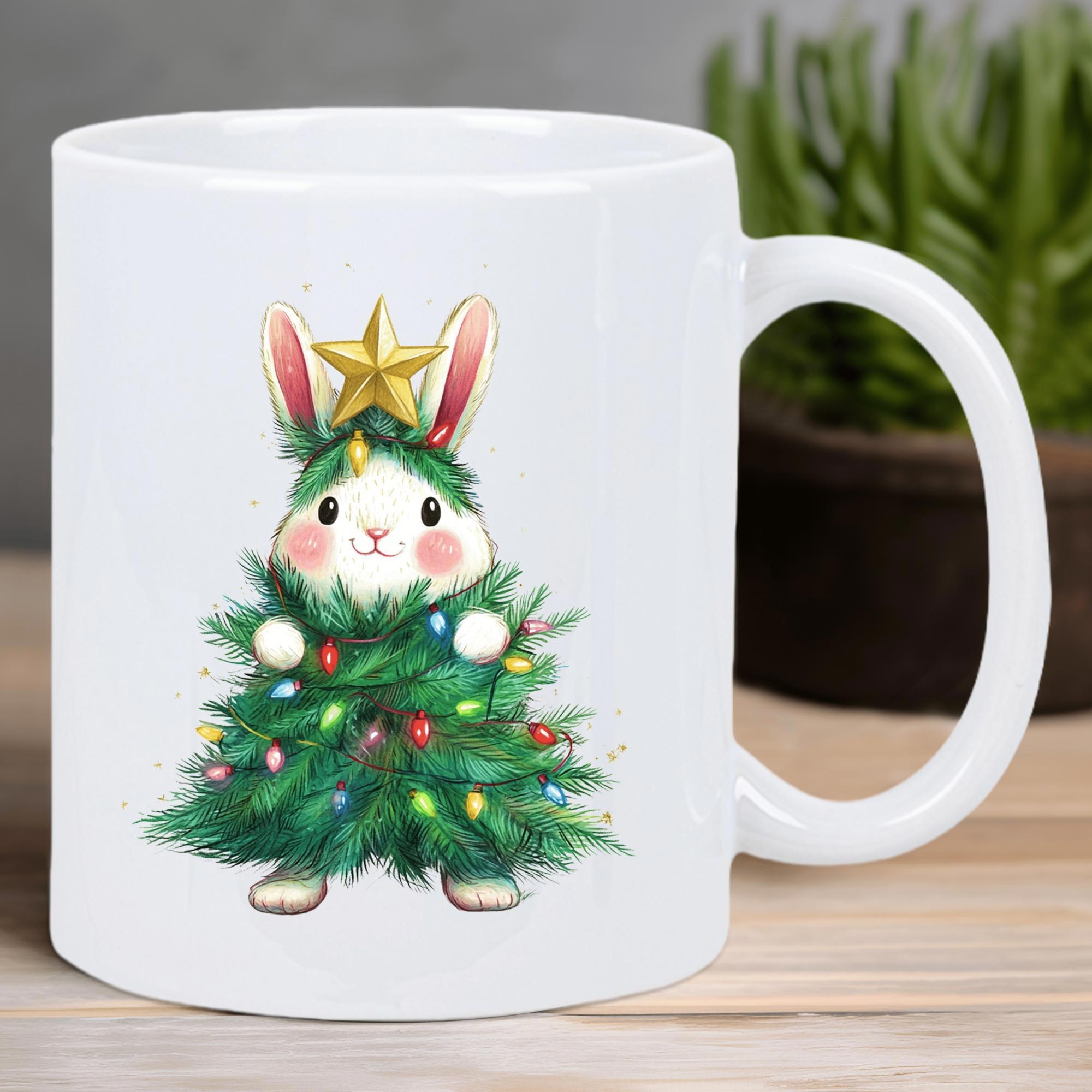 Tailorly White Ceramic 11 oz Mug - Adorable Little Bunny Wearing Decorative Christmas Tree Costume With Sparkling Lights Rabbit