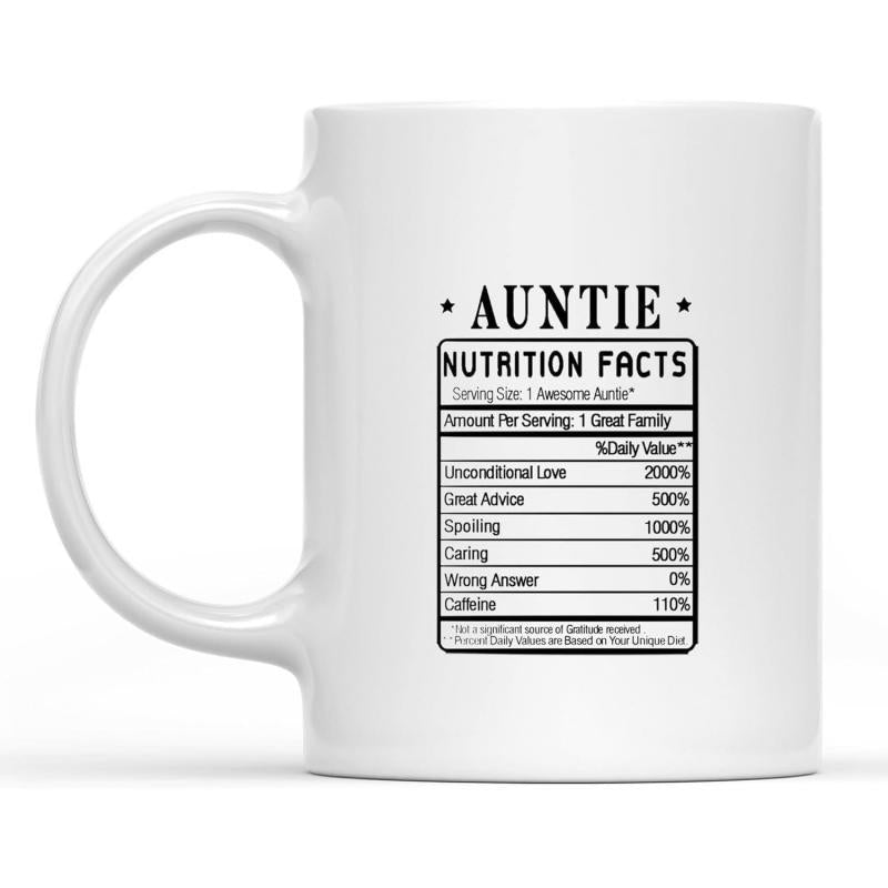 Tailorly White Ceramic 11 oz Mug - Auntie Nutrition Facts White Ceramic With Black Printed Nutritional Information Label Mug
