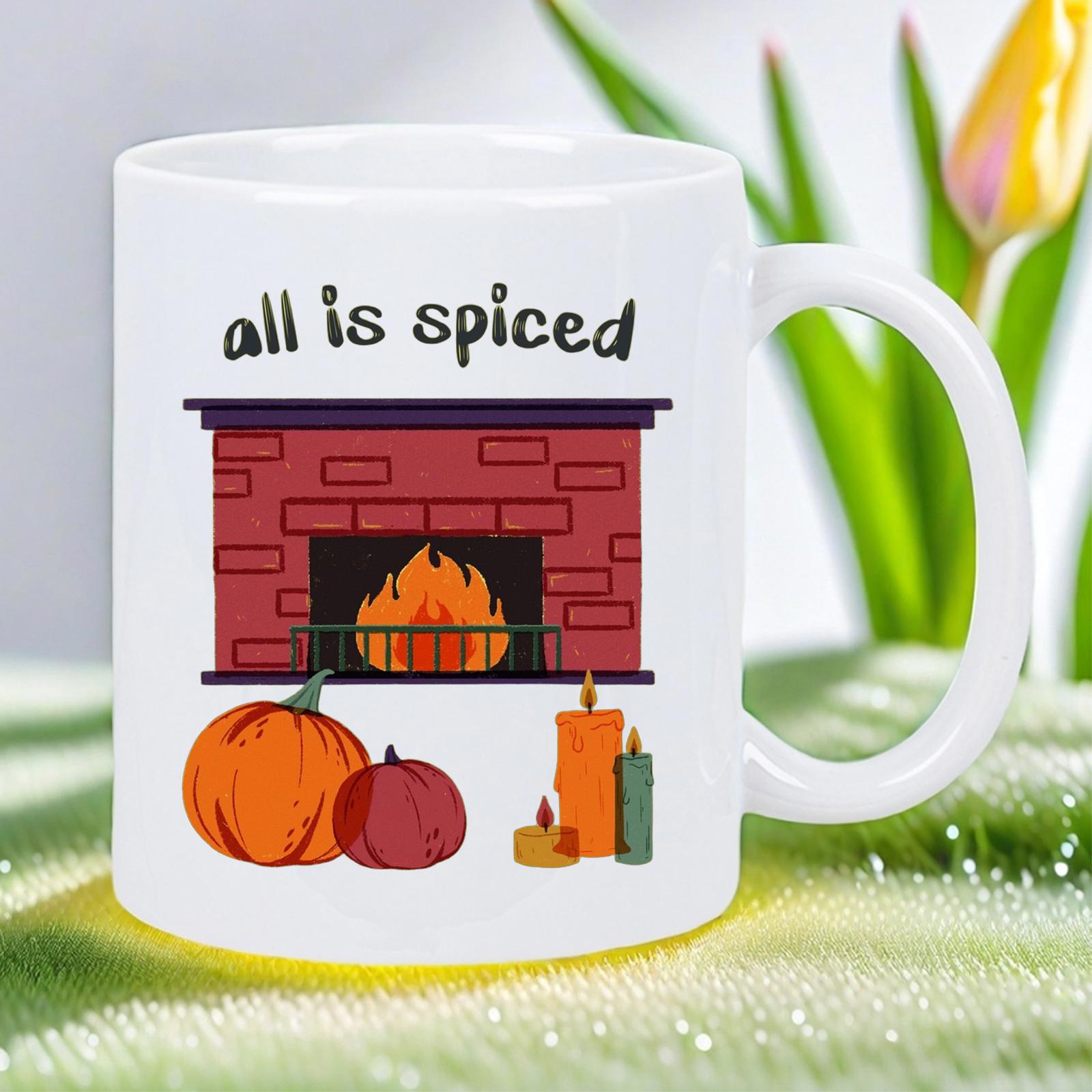 Tailorly White Ceramic 11 oz Mug - All Is Spiced Cozy Autumn Brick Hearth Featuring Pumpkins And Flickering Candles Fireplace