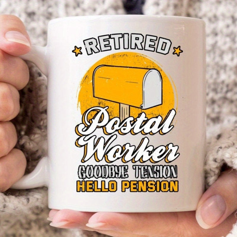 Tailorly White Ceramic 11 oz Mug - Retired Postal Worker Goodbye Tension Hello Pension Vintage Yellow Mailbox Set Against A Distressed Golden Sun Circle Mailbox