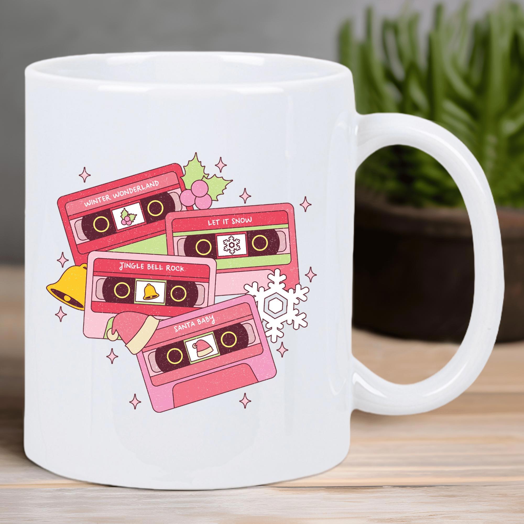 Tailorly White Ceramic 11 oz Mug - Retro Nostalgic Pink Music Tapes Floating Amidst Festive Winter Holiday Decorations Cassette
