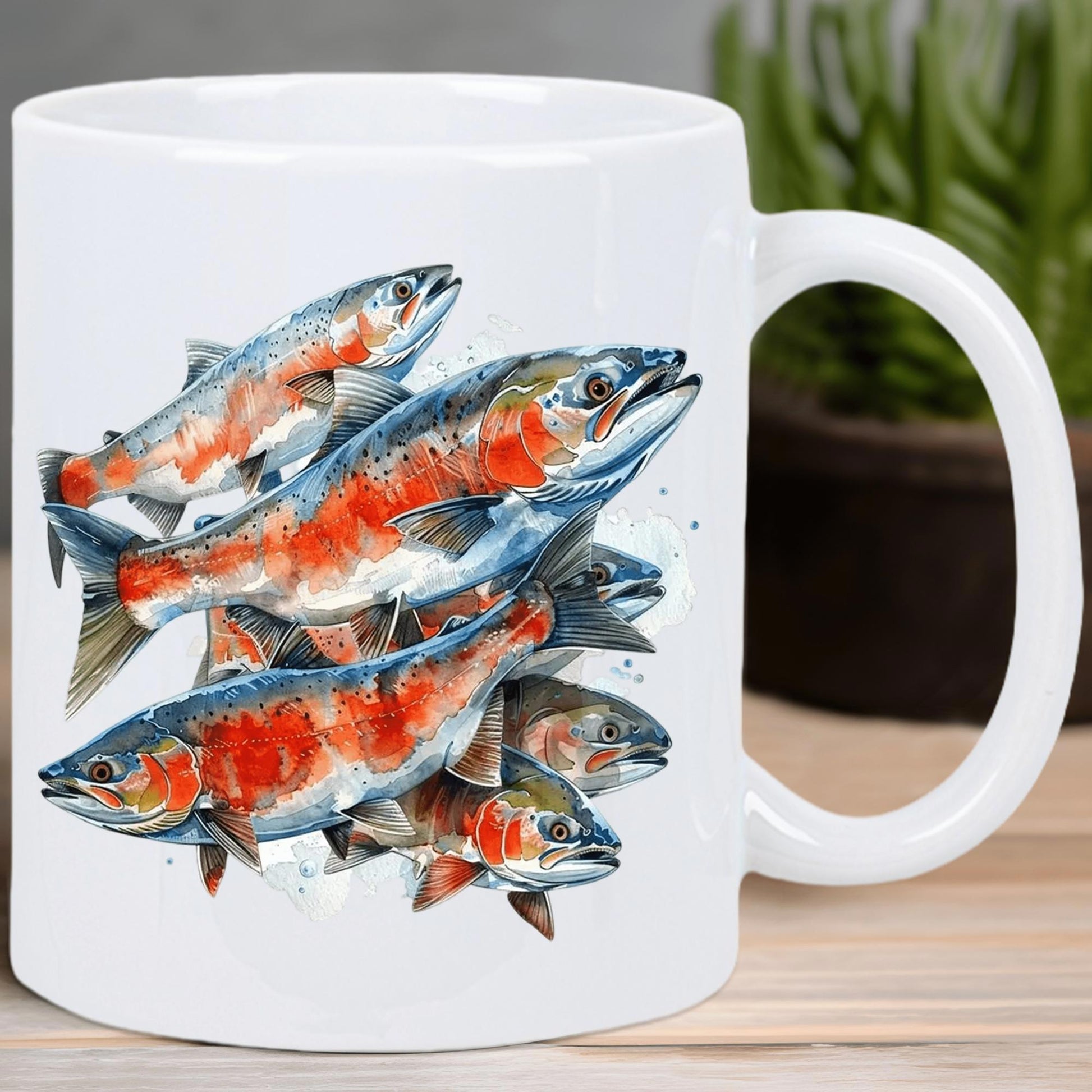 Tailorly White Ceramic 11 oz Mug - Vibrant Colorful Watercolor Salmon Swimming Dynamically Across The Pure White Surface Trout