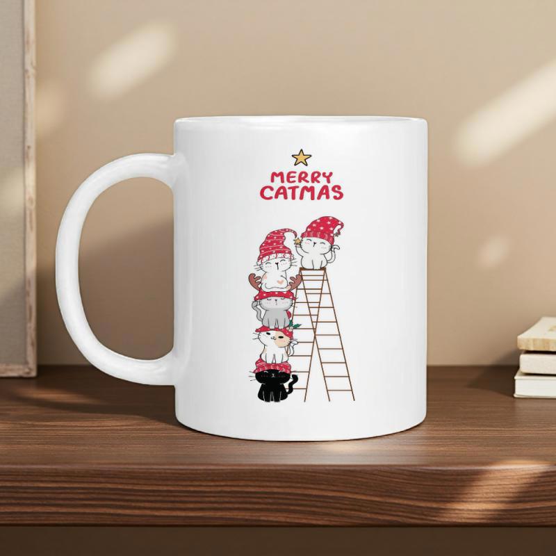 Tailorly White Ceramic 11 oz Mug - Merry Catmas Playful Cartoon Kitties With Red Festive Hats Standing By A Ladder Cat