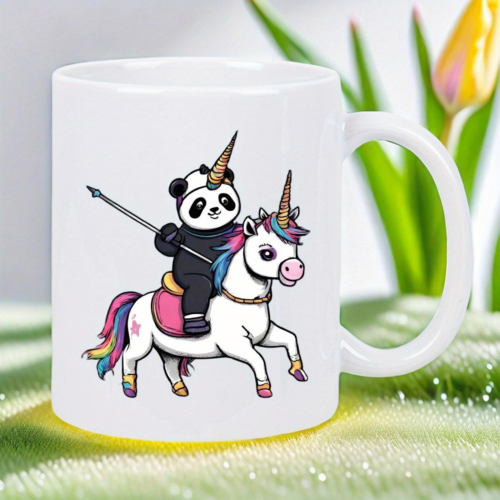 Tailorly White Ceramic 11 oz Mug - Adorable Panda Wearing Black Suit Riding A Rainbow Mane Majestic Magical Unicorn