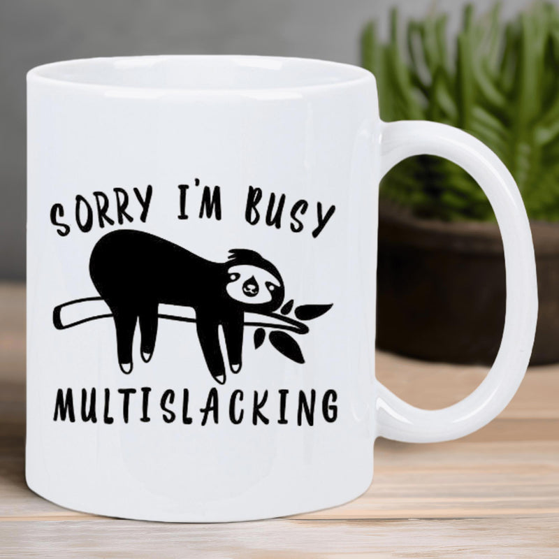 Tailorly White Ceramic 11 oz Mug - Sorry I'm Busy Multislacking Minimalist Black Sloth Silhouette Sleeping On A Simple Tree Branch Sloth