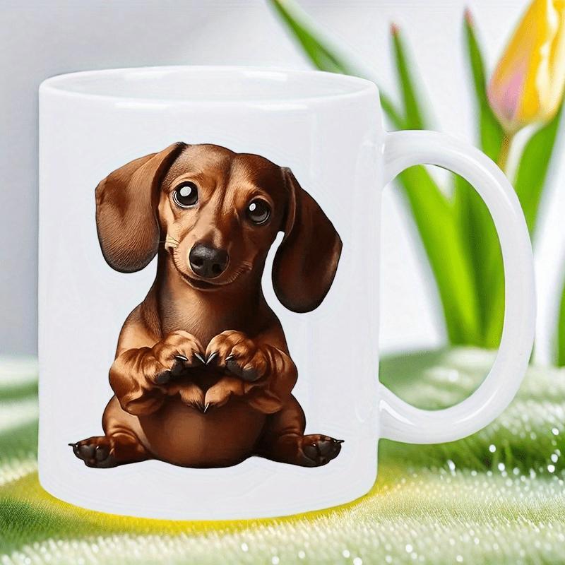 Tailorly White Ceramic 11 oz Mug - Cute Sitting Brown Puppy Making A Tiny Heart Gesture Dachshund
