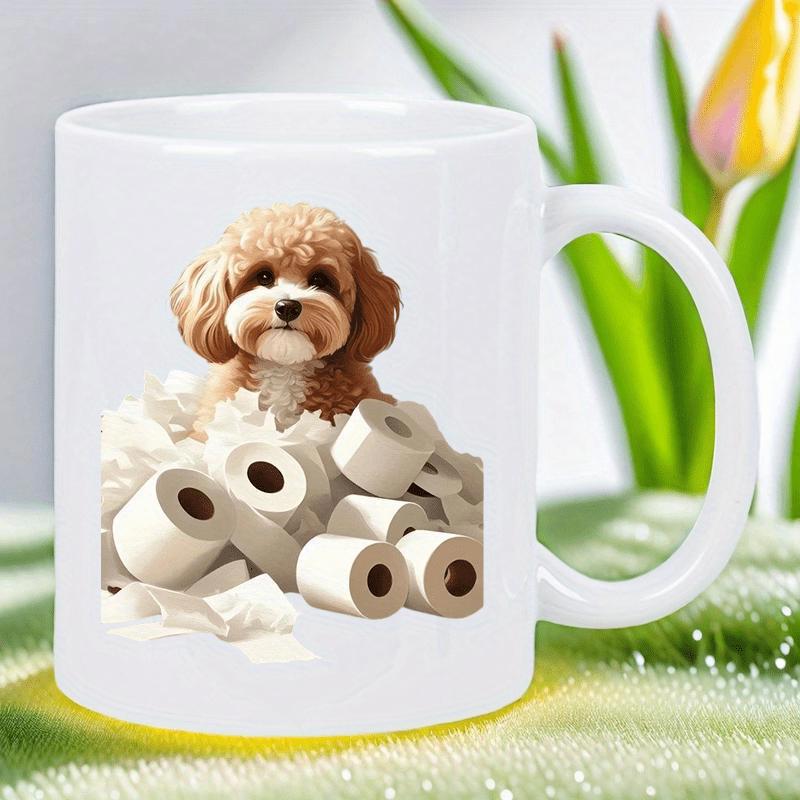 Tailorly White Ceramic 11 oz Mug - Adorable Fluffy Brown Poodle Peeking Over A Pile Of White Soft Paper Dog