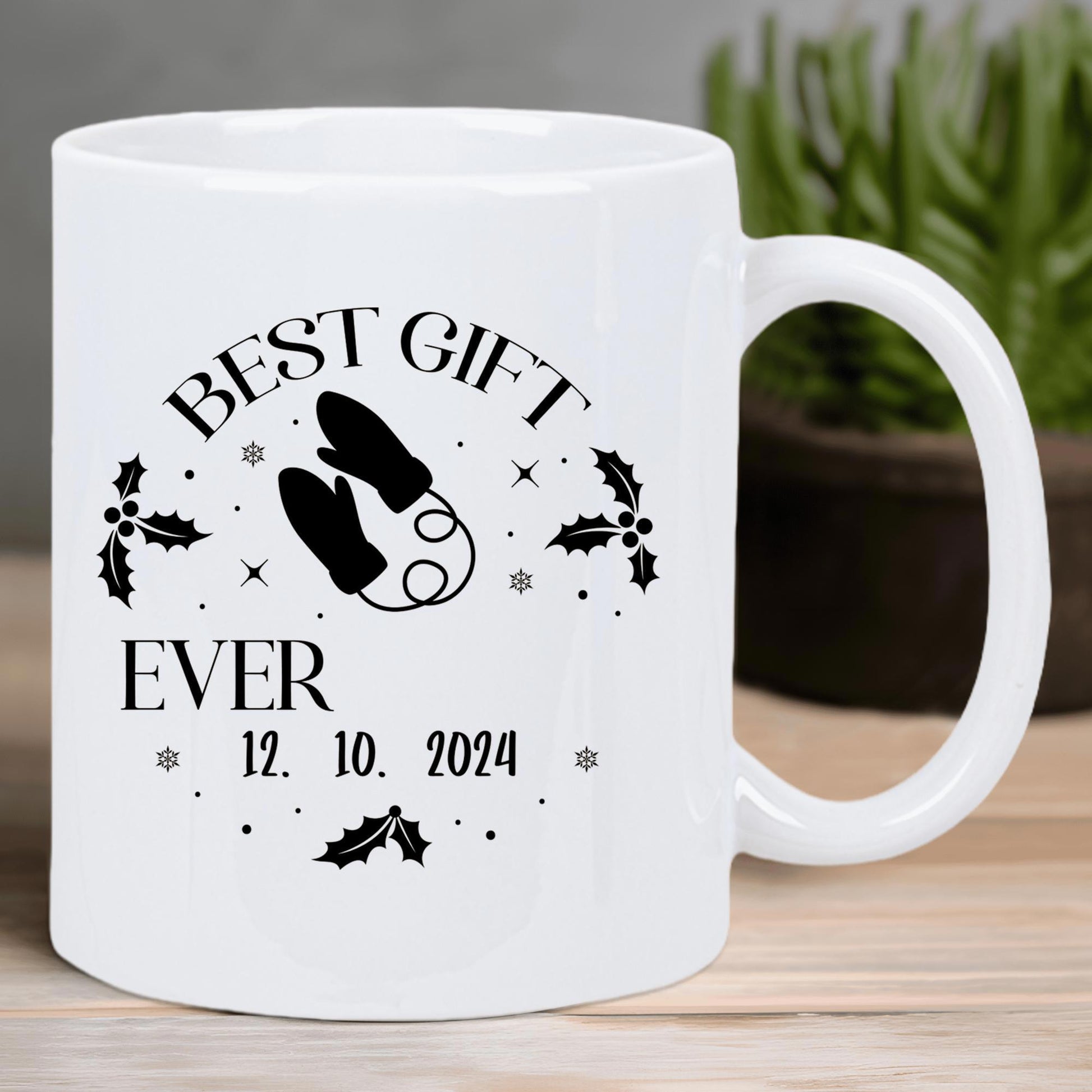 Tailorly White Ceramic 11 oz Mug - Best Gift Ever Cozy Black Winter Mittens Surrounded By Delicate Holly Leaves And Snowflakes Mittens