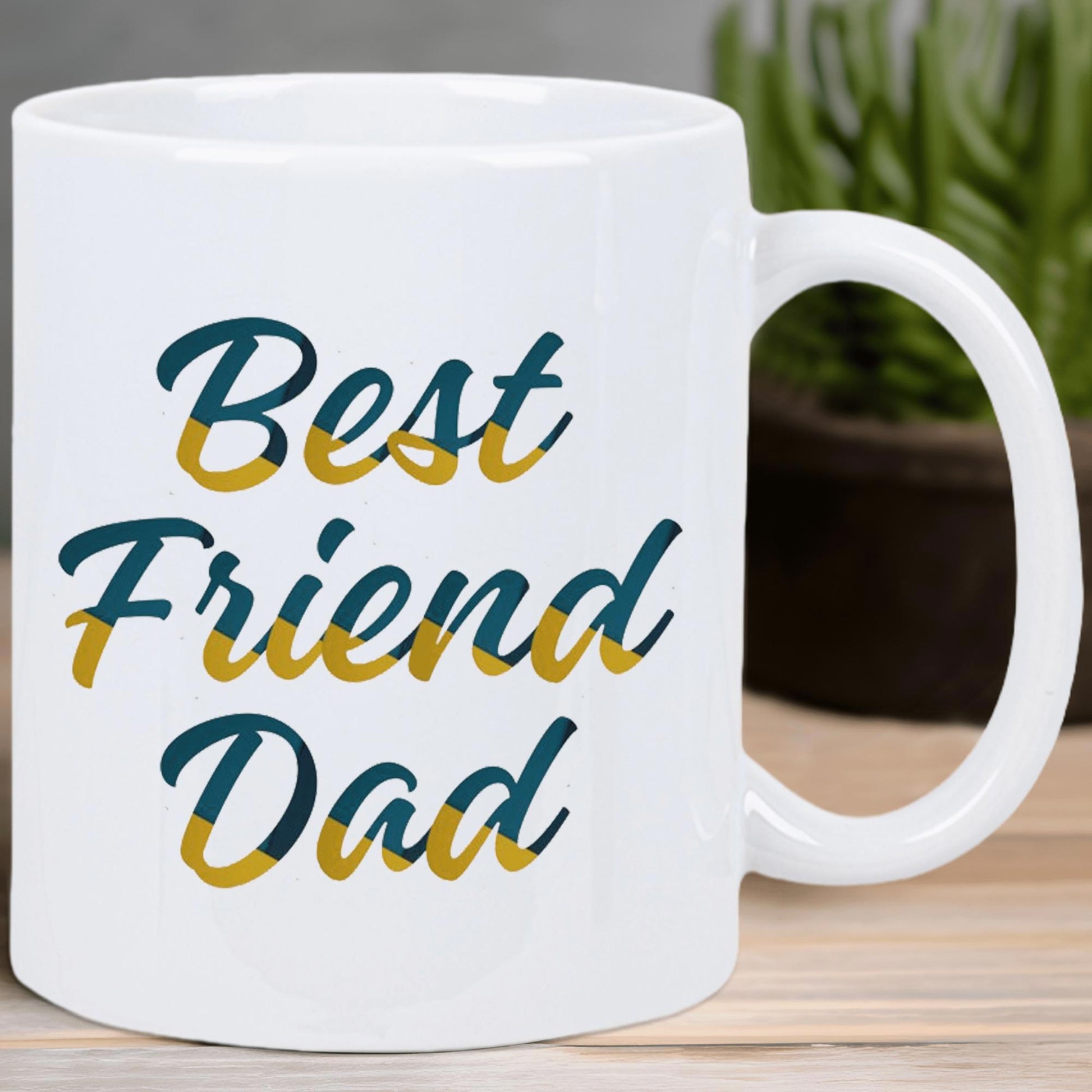 Tailorly White Ceramic 11 oz Mug - Best Friend Dad Elegant Script Letters With Teal And Golden Stripes On Smooth