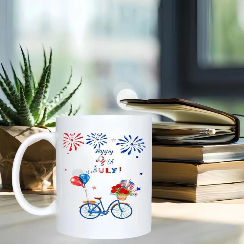 Tailorly White Ceramic 11 oz Mug - Happy 4th July Festive Patriotic Theme With Colorful Balloons And Sparkling Celebratory Fireworks Bicycle
