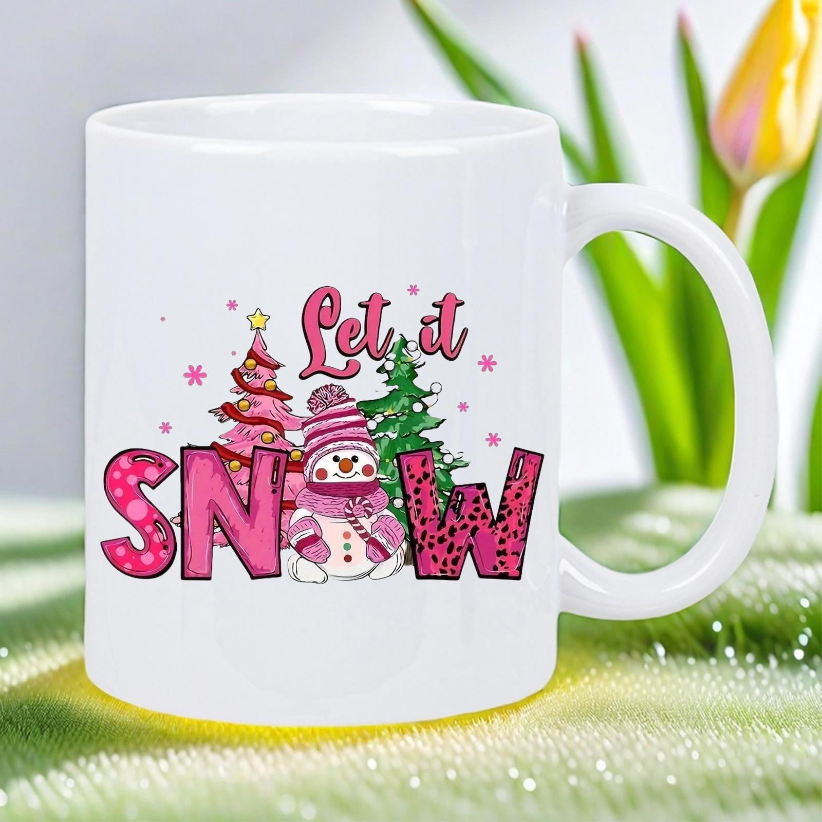Tailorly White Ceramic 11 oz Mug - Let It Snow Pink Snowman Featuring Festive Christmas Trees And Leopard Print Patterned Letters Snowman