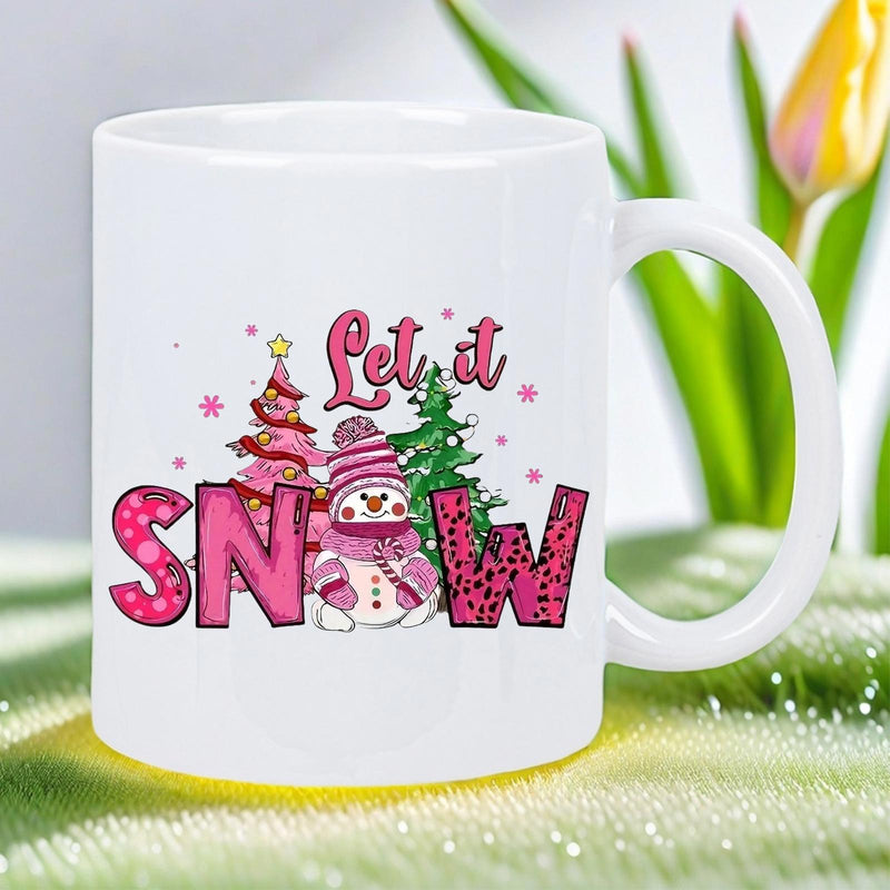 Tailorly White Ceramic 11 oz Mug - Let It Snow Pink Snowman Featuring Festive Christmas Trees And Leopard Print Patterned Letters Snowman