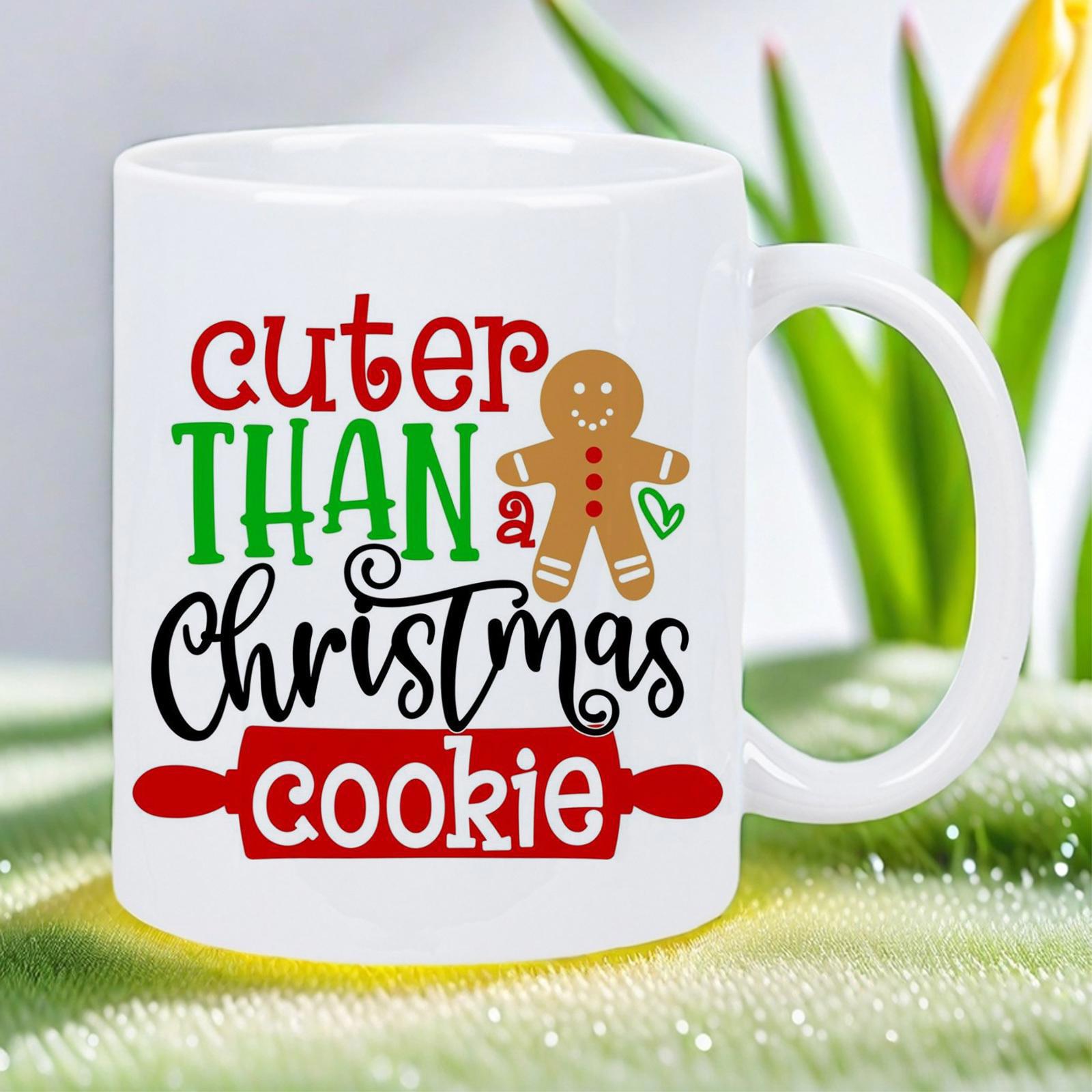 Tailorly White Ceramic 11 oz Mug - Cuter Than A Christmas Cookie Smiling Festive Character With A Red Decorative Kitchen Rolling Pin Gingerbread Man
