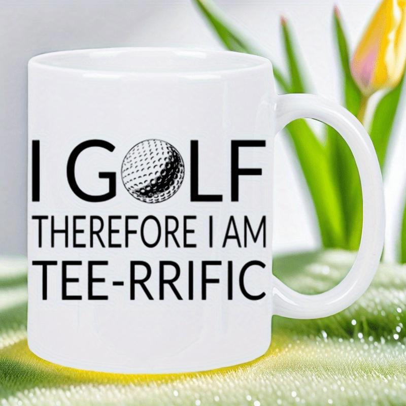 Tailorly White Ceramic 11 oz Mug - I Golf Therefore I Am Tee Rrific Minimalist Black Line Art Sketch Style Decorative Golf Ball