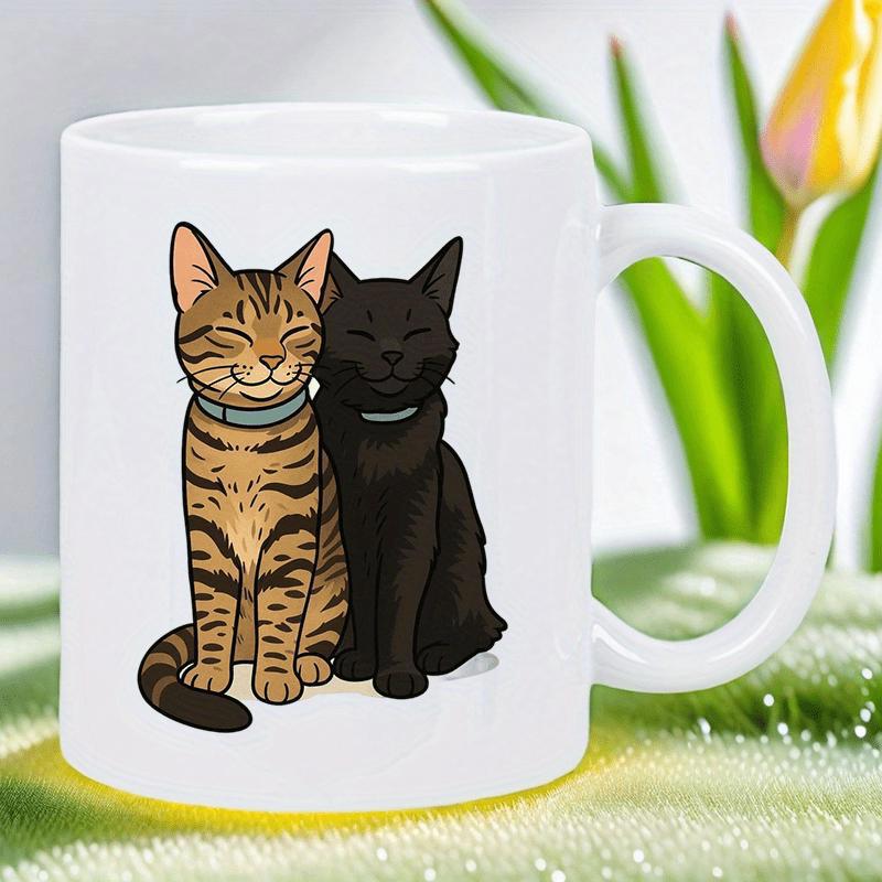 Tailorly White Ceramic 11 oz Mug - Adorable Sitting Tabby And Black Feline Companions With Closed Eyes Cat