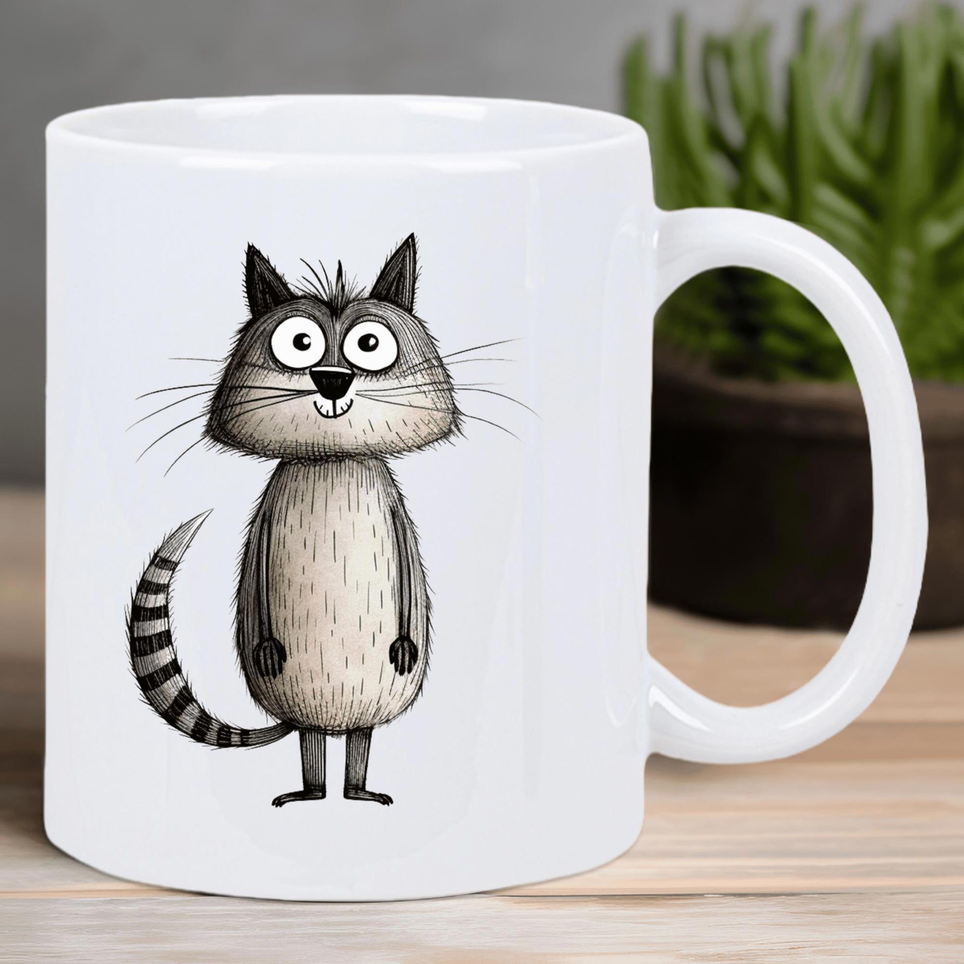 Tailorly White Ceramic 11 oz Mug - Whimsical Hand Drawn Sketch Of A Quirky Gray Striped Tail Cat