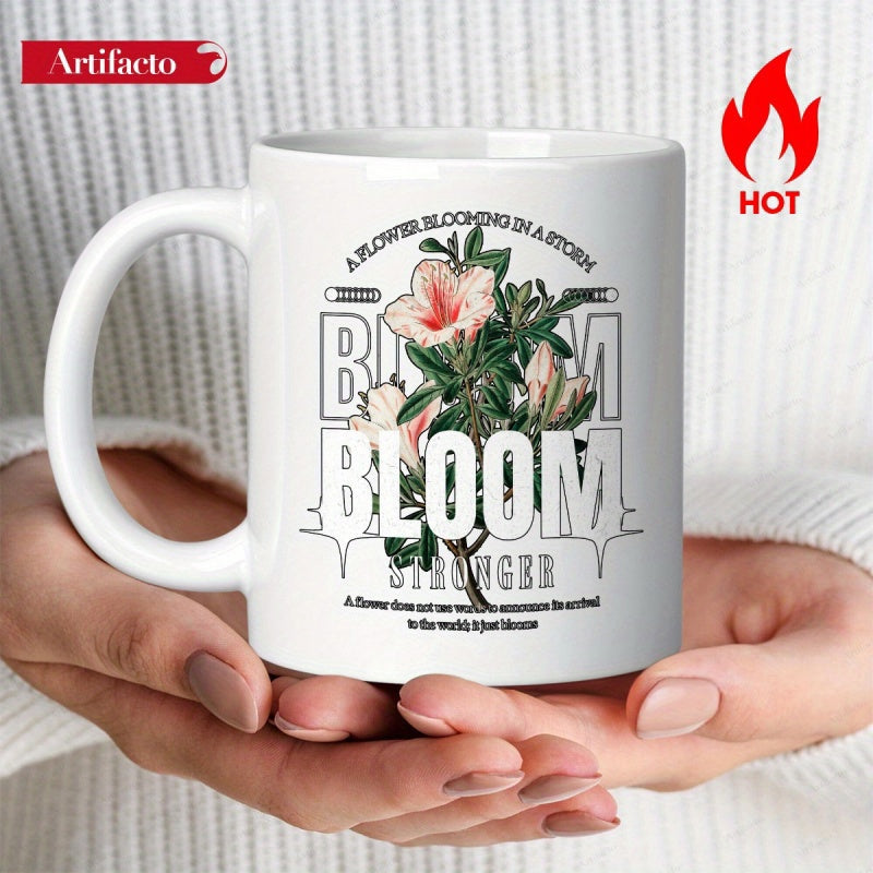 Tailorly White Ceramic 11 oz Mug - Bloom Stronger A Flower Blooming In A Storm Elegant Pink Botanical Flowers Blooming With Lush Green Leaves And Delicate Petals