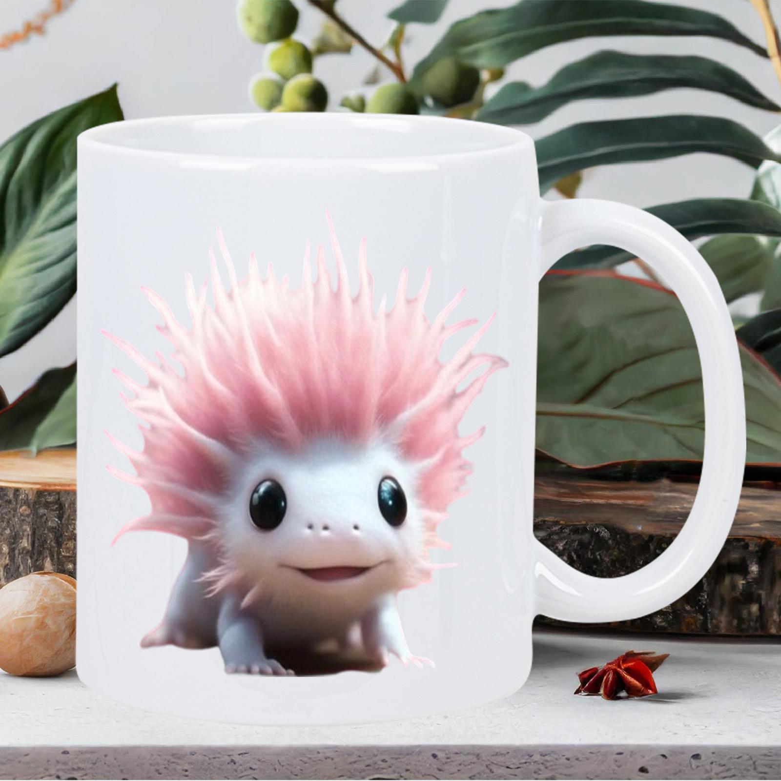 Tailorly White Ceramic 11 oz Mug - Small Fluffy Pink Spiky Hair Smiling Sitting On A White Surface Creature