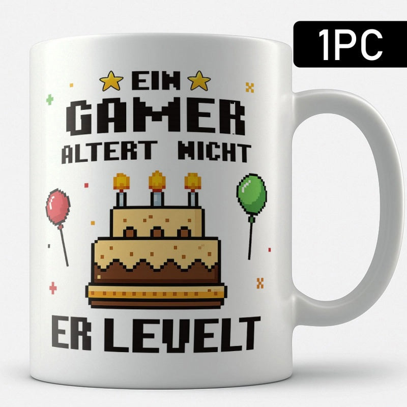 Tailorly White Ceramic 11 oz Mug - Retro Pixel Art With Burning Candles And Colorful Balloons Cake
