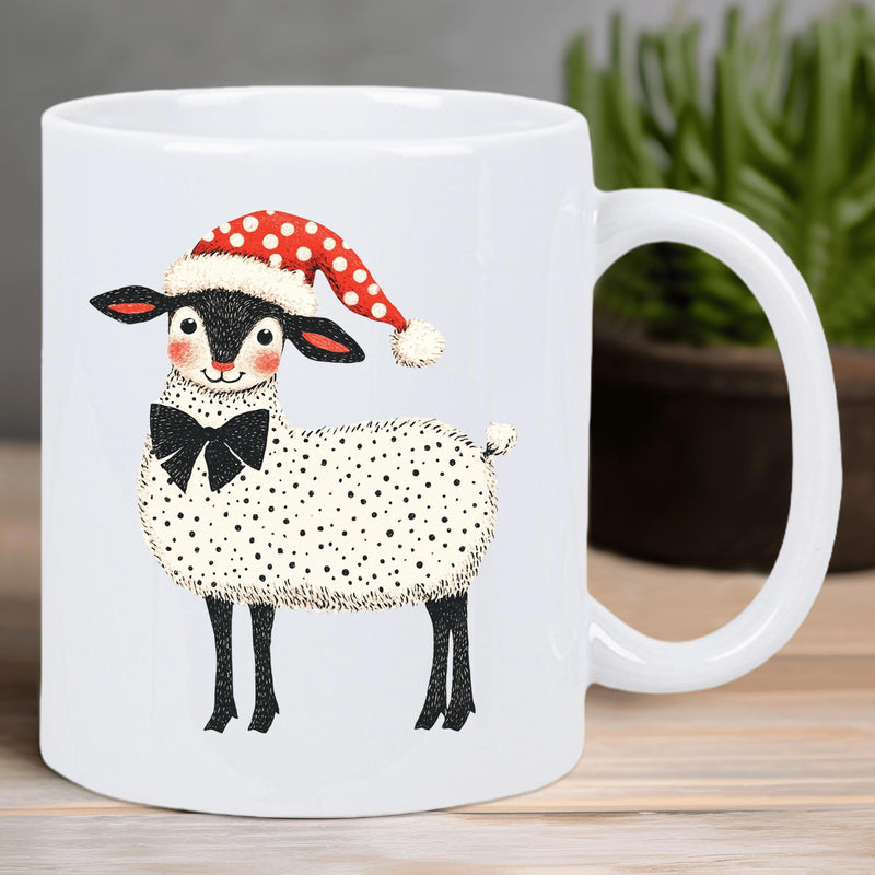 Tailorly White Ceramic 11 oz Mug - Festive Cute Lamb Wearing Red Polka Dot Santa Hat With Bow Tie Sheep