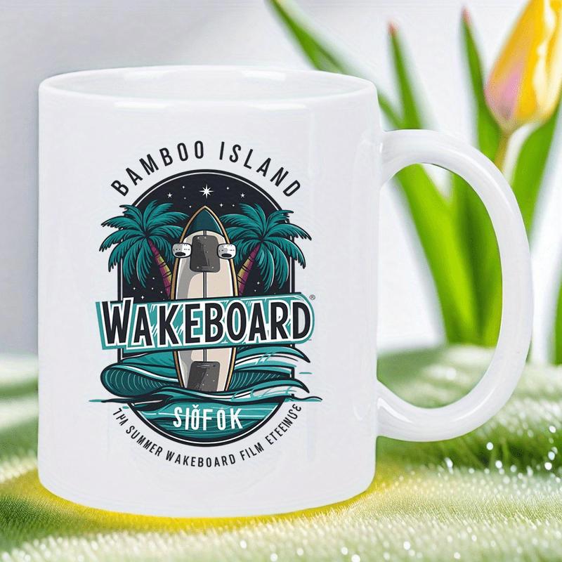 Tailorly White Ceramic 11 oz Mug - Bamboo Island Wakeboard Tropical Palm Trees Standing Tall Beside A Surfboard Among Rolling Ocean Waves Wakeboard