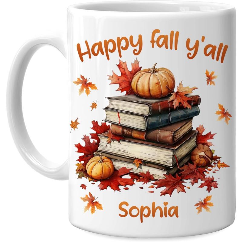 Tailorly White Ceramic 11 oz Mug - Happy Fall Yall Sophia Vintage Stacked Books Decorated With Autumn Leaves And Harvest Season Pumpkin