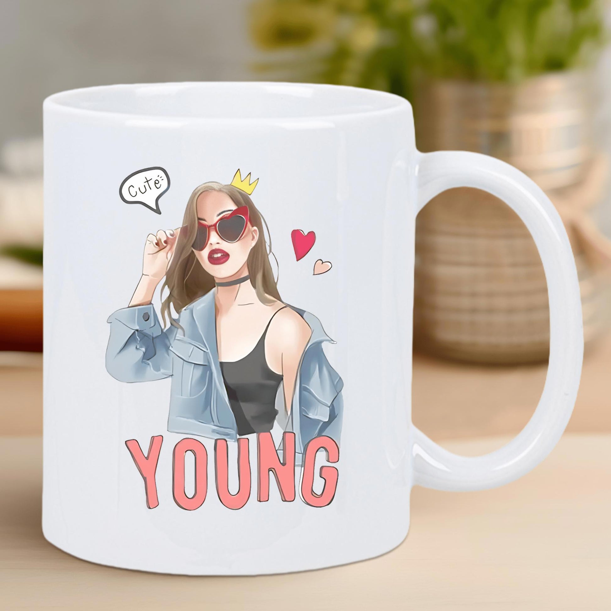Tailorly White Ceramic 11 oz Mug - Cute Young Stylish Illustration Of Girl Wearing Sunglasses And Denim Jacket Under Crown Woman