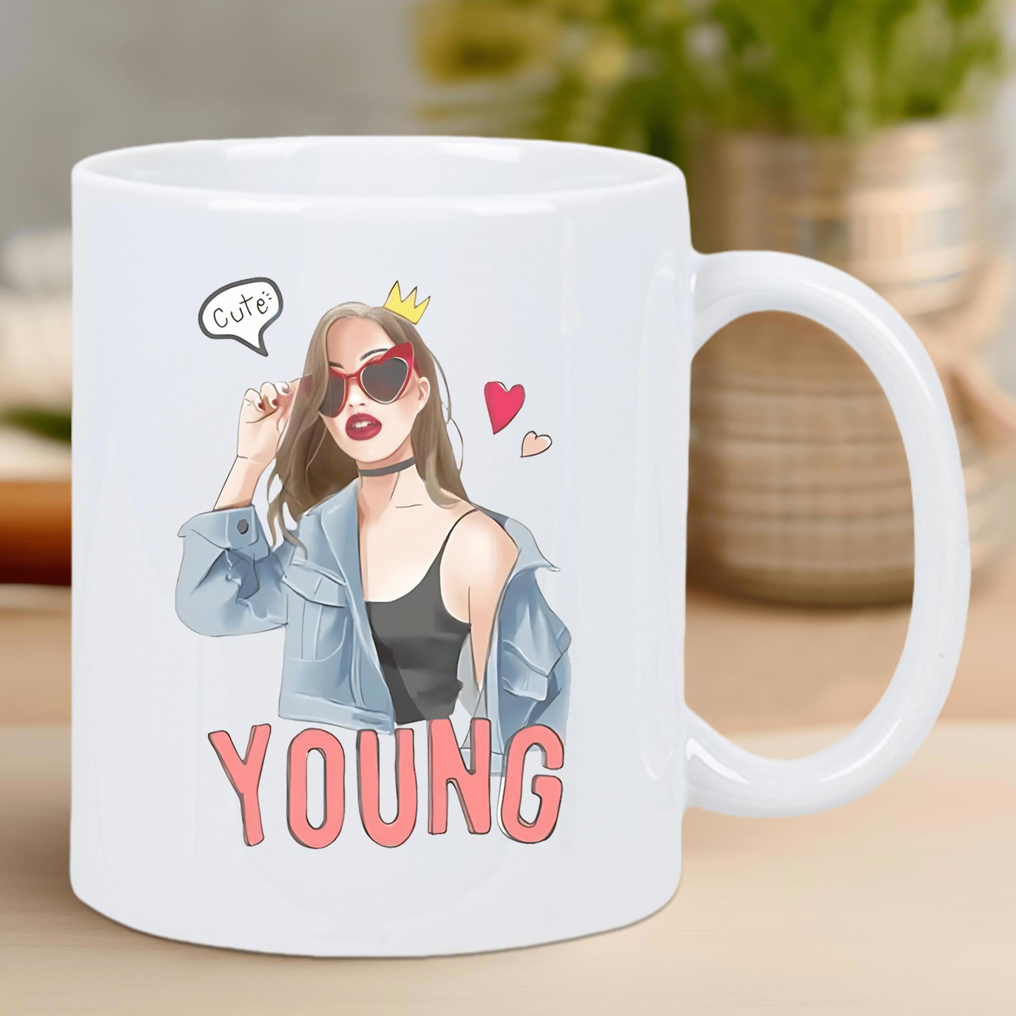 Tailorly White Ceramic 11 oz Mug - Cute Young Stylish Illustration Of Girl Wearing Sunglasses And Denim Jacket Under Crown Woman