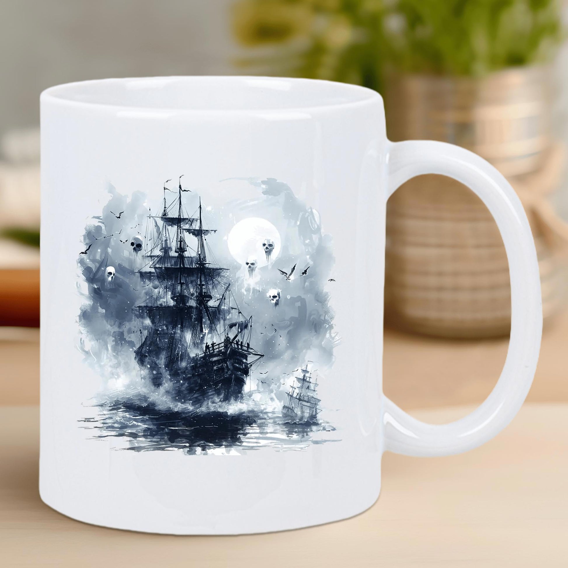 Tailorly White Ceramic 11 oz Mug - Mystic Sailing Vessel Navigating Through Misty Waters Under A Full Moon Ship