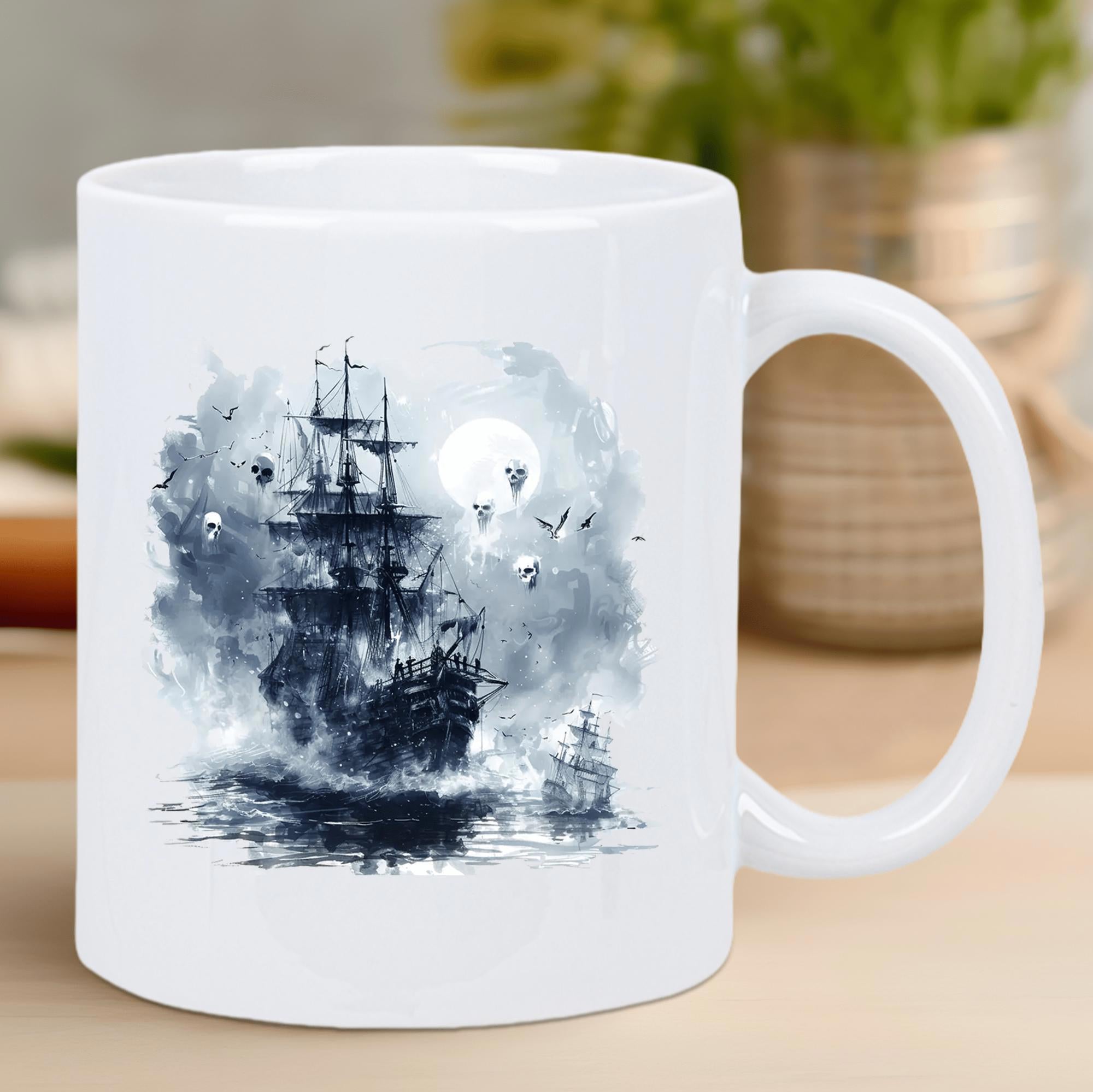 Tailorly White Ceramic 11 oz Mug - Mystic Sailing Vessel Navigating Through Misty Waters Under A Full Moon Ship