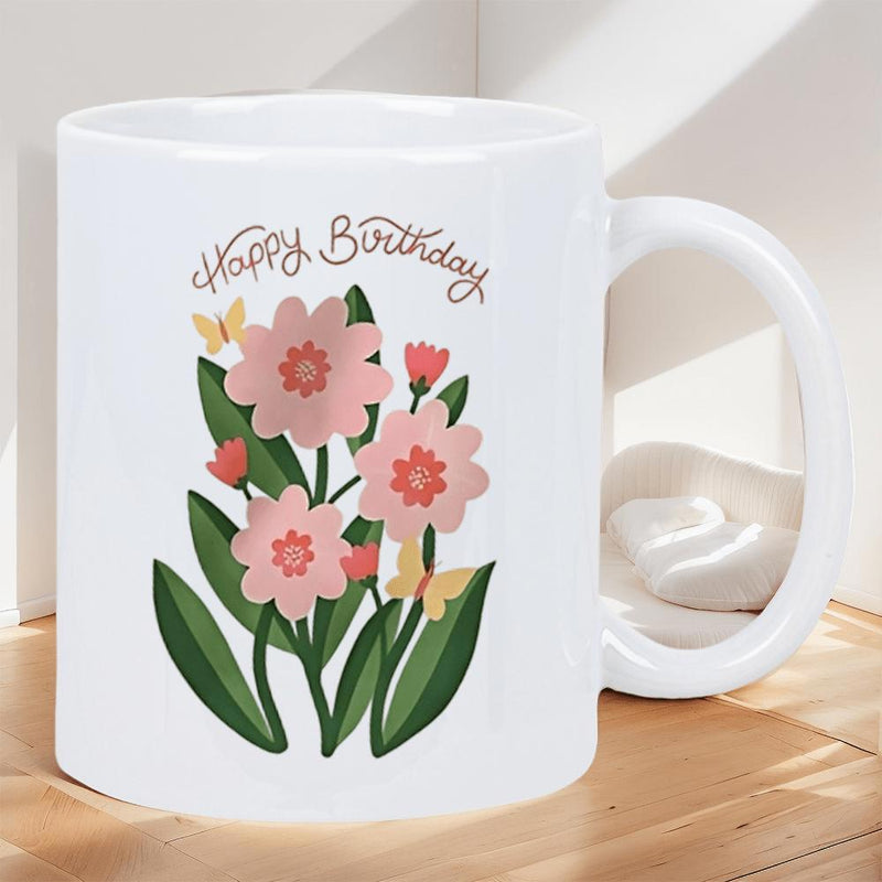 Tailorly White Ceramic 11 oz Mug - Happy Birthday Beautiful Pink Blossoms Surrounded By Green Leaves And Flying Butterflies Flower