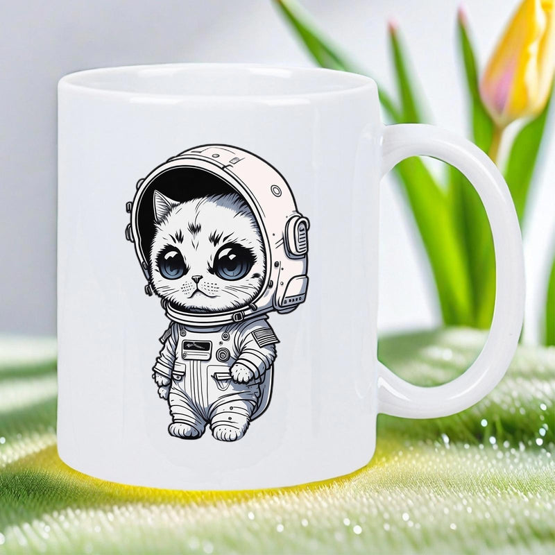 Tailorly White Ceramic 11 oz Mug - Adorable Minimalist Style Illustration Of A Small Kitten Wearing Spacesuit Cat