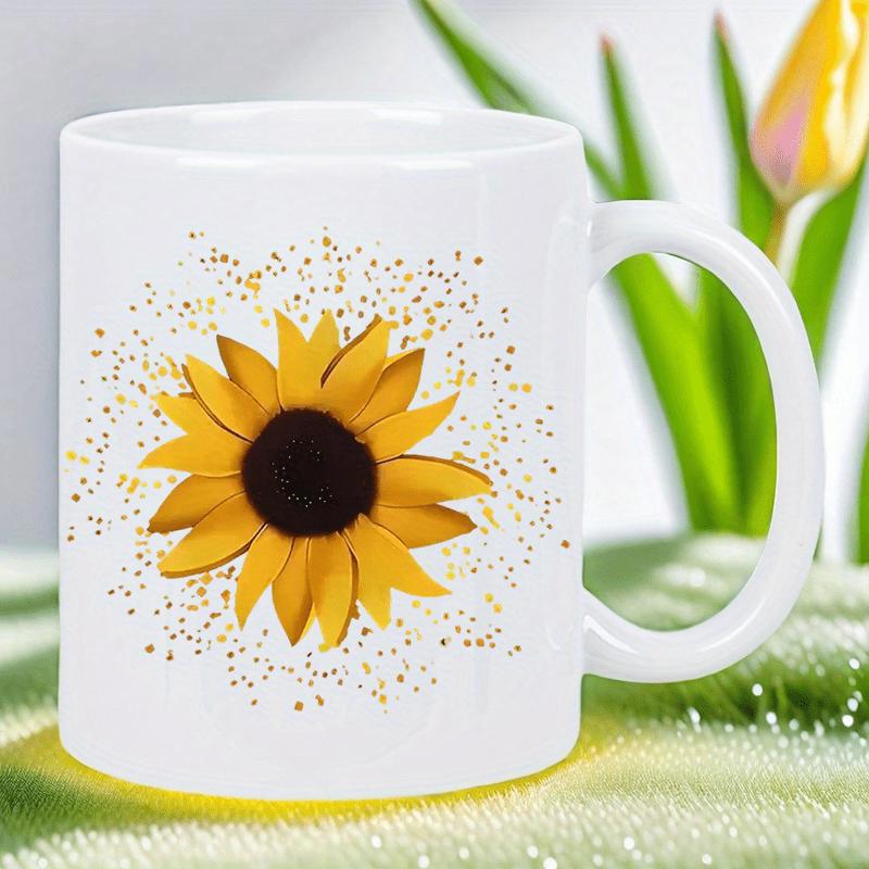 Tailorly White Ceramic 11 oz Mug - Vibrant Yellow Petals Surrounded By Golden Shimmering Particles Under Soft Daylight Sunflower